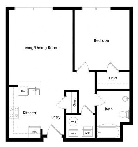 the one-bedroom Eugene floor plan at Midtown Crossing Apartments in Omaha, NE